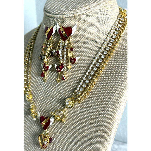Lunch At the Ritz Heart Necklace & Earring Set Gold Tone Signed Vintage RARE Art - Picture 13 of 14